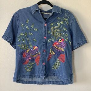 Vintage 90s Denim Parrot Bird Embroidered Artsy Wearable Art Denim Shirt M